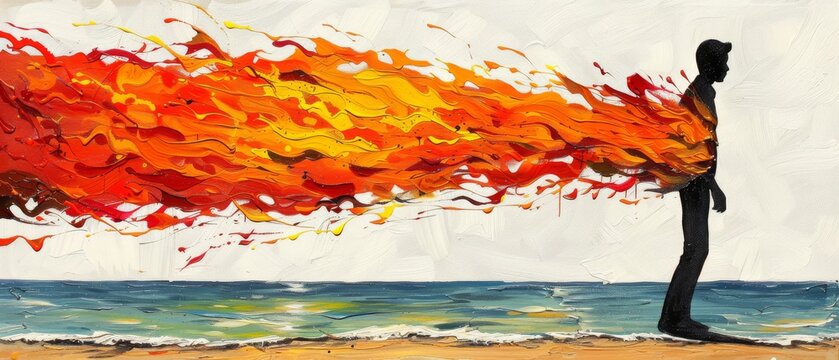  A man on a beach holding a flaming surfboard, captures the essence of adrenaline and passion in this dynamic painting