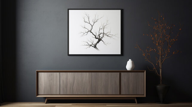 Imagine a 3D representation of a modern living space, a solitary mockup frame on a cabinet offering a contrast to the dark wall backdrop, hinting at an aesthetic of understated elegance.