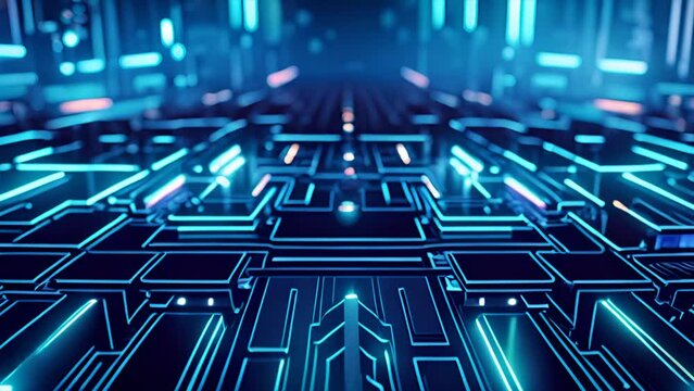 Abstract background with glowing neon room. Geometric and modern shiny stripe line art design. Dark wall illuminated with led lamps. Blue futuristic technology wallpaper. Generative AI