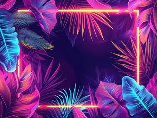Image portraying a summer background, framed by a glowing neon border and highlighted with fluorescent tropical leaves, The vibrant neon colors bring a dynamic to the natural tropical elements. AI