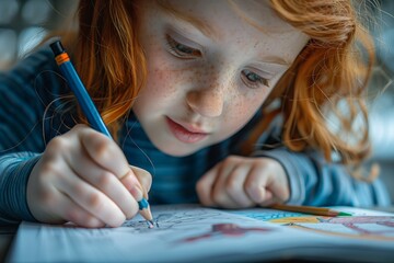 Child deeply focused on coloring book - obrazy, fototapety, plakaty