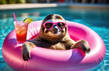 Satisfied sloth in sunglasses and with a cocktail in the pool floating on a swimming ring with space for text. Concept of lazy vacation in tropical resort hotel, all inclusive, tourism, travel