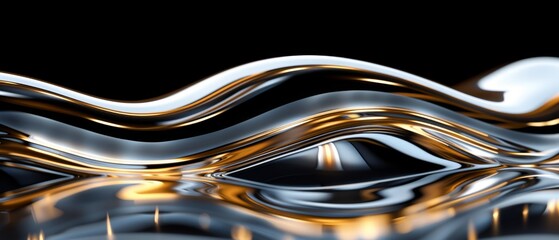  black background, gold and silver waves, reflection in water