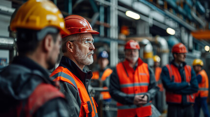 Fototapeta premium Group of engineers in hard hats and reflective vests engaged in discussion in an industrial setting.