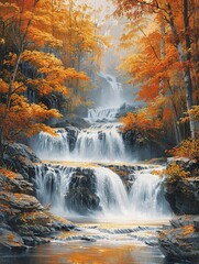 Cascading waterfalls amidst fallcolored forests, closeup, soft morning mist, vibrant leaves