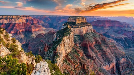 Explore nature's masterpiece. Our image captures the splendor of the Grand Canyon with its mighty canyons and vibrant sunsets, with nearby hotels and campgrounds for convenience - obrazy, fototapety, plakaty