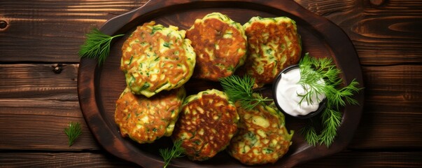 Potato zucchini fritters on wooden tray in restaurant, top view vegetarian food banner. Generative Ai.
