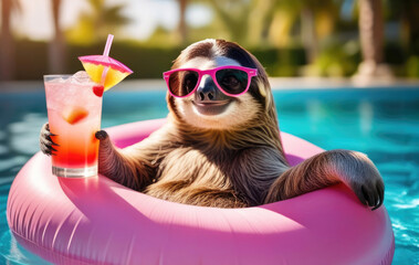 Satisfied sloth in sunglasses and with a cocktail in the pool floating on a swimming ring with space for text. Concept of lazy vacation in tropical resort hotel, all inclusive, tourism, travel