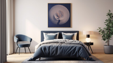 Poster frame mockup in an elegantly appointed bedroom featuring deep blue hues, rattan decor, and a hint of modern aesthetics, rendered in 3D for a lifelike presentation.