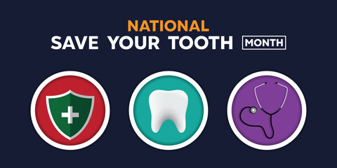 National Save Your Tooth Month. Tooth, stestoscope and shield. Great for cards, banners, posters, social media and more. Dark blue background. 

