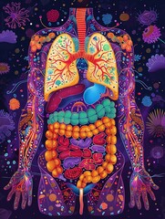 Detailed illustration of the human digestive system absorbing micronutrients, wideangle, vibrant organ colors, nutrient flow highlighted, daylight ambiance