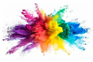 Vibrant rainbow powder paint explosion captured in mid-air, isolated on white background - creative abstract photography