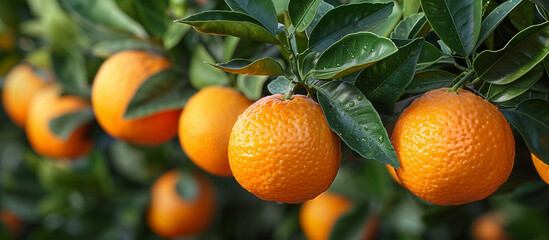 Ripe sweet juicy mandarines on the tree close up. Mandarin harvest, fruit garden. Sun light on background.