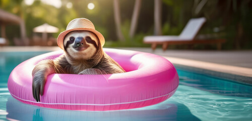 Banner with happy sloth in straw hat in swimming pool floating on swimming ring with space for...