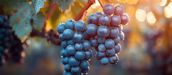 Ripe blue grape clusters on the vine close up. Vineyard on background. 