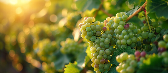 White grape clusters on the vine close up. Vineyard in sun light on background.