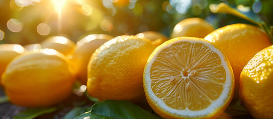 Ripe sweet juicy lemons close up. Lemon harvest, fruit garden. Sun light on background.