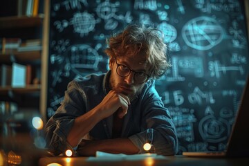 Focused mathematician solving problems, straighton, mystical chalkboard light, dark room ambiance - obrazy, fototapety, plakaty