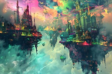 Vivid Dreamscape Surreal City with Floating Buildings and Vivid Colors, Digital Fantasy Art