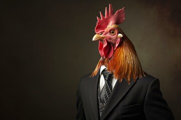 Assertive Anthropomorphic rooster in business suit. Chicken farm. Generate Ai
