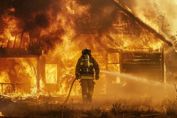 Brave soul, firefighter with extinguisher and water, house consumed by flames - obrazy, fototapety, plakaty