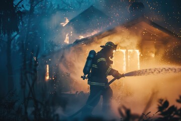 Action-shot of firefighter quenching house fire with water and extinguisher - obrazy, fototapety, plakaty