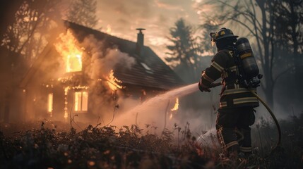 Firefighter at the forefront, saving house with water and extinguisher - obrazy, fototapety, plakaty