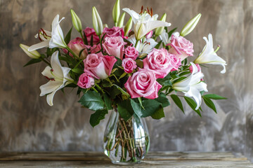 A composition of pink roses and white lilies, arranged in a glass vase on a wooden table.