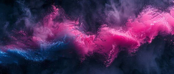  A vibrant swirl of pink and blue amidst a dark and purple cloud, shrouded by smoke