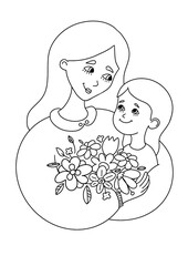 Mom and daughter with flowers lineart. Happy mothers day cute illustration. Mother hugging her daughter while they hold a bouquet of flowers together. 