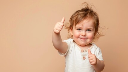 Cheerful Toddler Giving Thumbs Up on Solid Beige Background. Copy space.