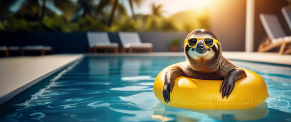 Banner with happy sloth wearing sunglasses in pool floating on yellow swim ring with space for...