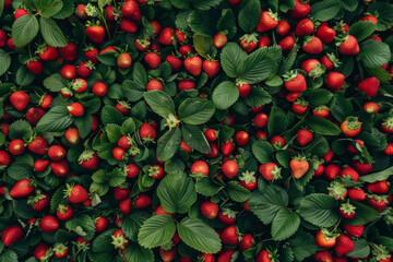 A drone photo of a field of strawberries. The red berries stand out against the green leaves.