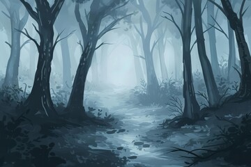 Whispering Woods, Sketch-style Concept Illustration of a Serene Forest Path with Mysterious Fog
