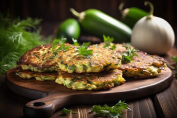 Potato zucchini fritters on wooden tray in restaurant, side view vegetarian food . Generative Ai.