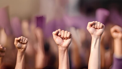 Among the protestors, women lifts raised fists, epitomizing the ongoing feminist crusade for rights and autonomy. A resounding declaration against gender disparity. Generative AI.