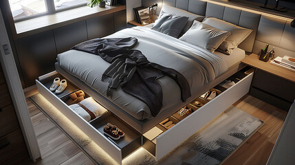 Modern bedroom with a bed frame that incorporates pull-out trays under the mattress for discreet storage of shoes and accessories - obrazy, fototapety, plakaty