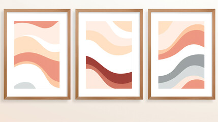 Three-part series of abstract vectors, hand-drawn with minimalist flair, showcasing flowing contours and muted colors for serene wall decor or tranquil hanging tapestries.
