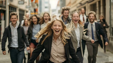A group of young business people running in the street, laughing and having fun while doing advertising for their brand during an event or party on city streets, all looking at camera. generative AI