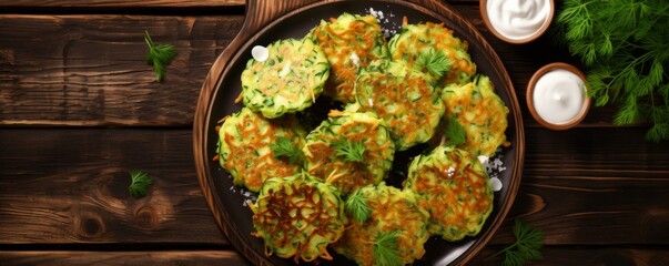 Potato zucchini fritters on wooden tray in restaurant, top view vegetarian food banner. Generative Ai.