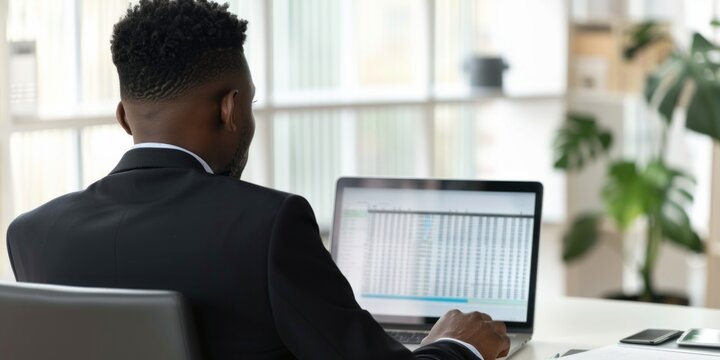 Side view of concentrated African American male freelancer sitting at table and working on laptop in light open office room