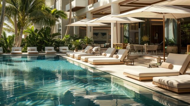 Dive into relaxation. Our pool image showcases crystal-clear waters, inviting sun loungers, and cozy seating areas for guests to chill and soak up the sun