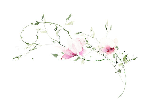 Watercolor floral bouquet frame on white background. Pink poppy wild flowers, branches, leaves and twigs.