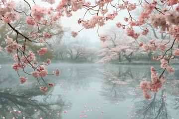 Blooming sakura near pond Generative AI