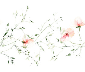 Watercolor painted seamless border frame on white background. Wild orange and pink flowers, green branches, leaves.