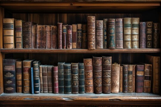 Nostalgic Antique bookshelf background. Shelf antique old bookcase wood archive. Generate Ai