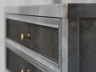 Fototapeta premium Modern cabinet design with intricate grid pattern on the front, dark wood and copper accents, creating a sleek and stylish atmosphere. metal mesh elements, functional storage space in drawers.