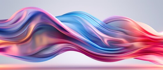  A blue and pink abstract wave on a gray background with reflections on the bottom - obrazy, fototapety, plakaty