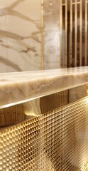closeup of the front counter, white marble and light brown leather background wall. thin metal mesh, creating an elegant contrast between natural materials and modern design elements