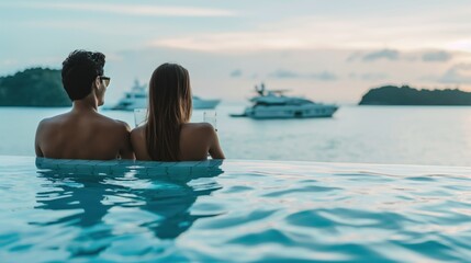 Serene couple enjoying sunset by the infinity pool with glass of Champaign, luxury yachts in the distance. concept of tranquil travel and romantic relaxation